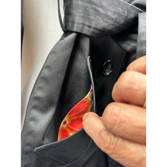 Context Trench Coat Womens M Belted Double Breasted Floral Lining Blk Retro Chic - Picture 13 of 13